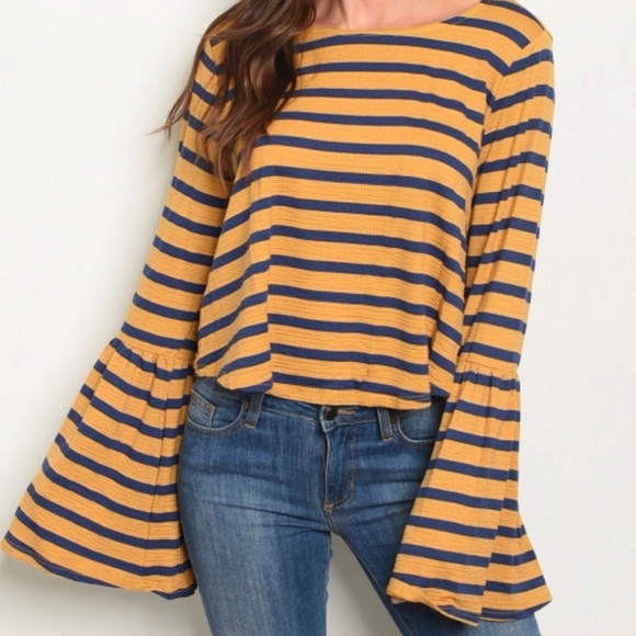 Peach Love California Tops - Loveriche mustard & navy strip bell sleeve top